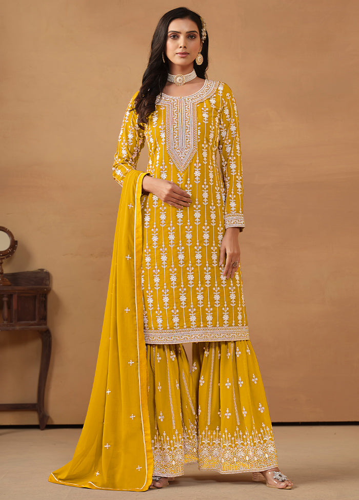 3 Pc Yellow Semi Stitched Georgette Suit Set