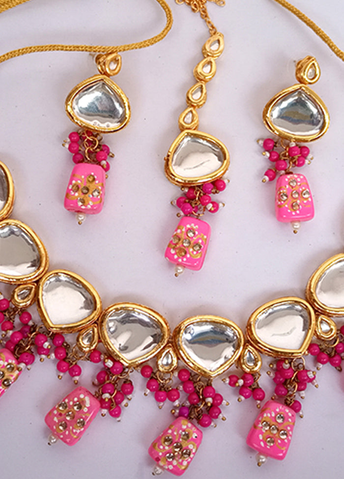 Kundan Studded Pink Jewellery Set With Mangtika - Indian Silk House Agencies