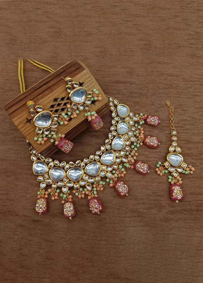 Golden Kundan Work Alloy Necklace Set - Indian Silk House Agencies