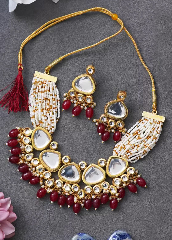 Golden Kundan Work Alloy Necklace With Earrings Set - Indian Silk House Agencies