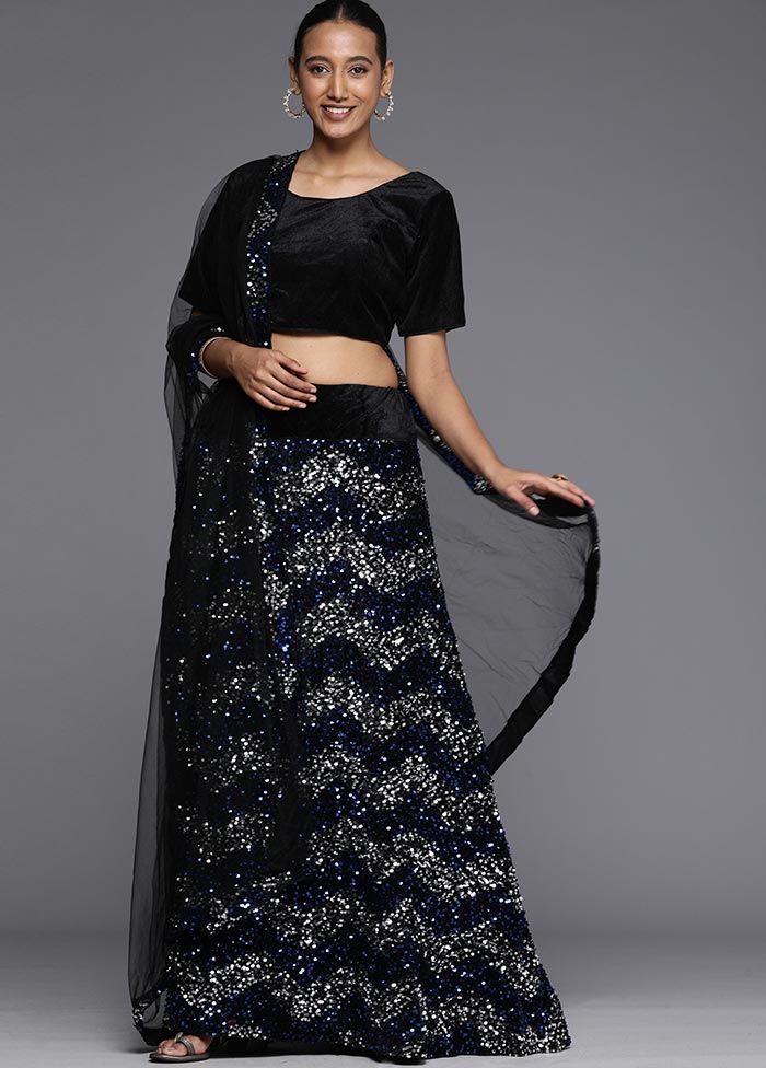 3 Pc Black And Blue Semi Stitched Sequined Velvet Lehenga Set - Indian Silk House Agencies