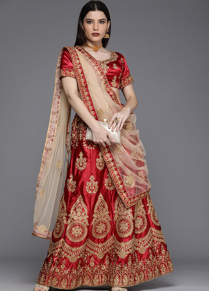 Maroon And Beige Semi Stitched Silk Lehenga Set With Blouse Piece And Dupatta - Indian Silk House Agencies