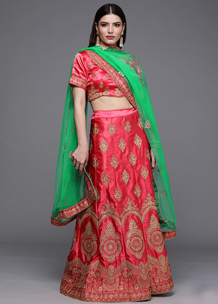 Pink And Green Semi Stitched Silk Lehenga Set With Blouse Piece And Dupatta - Indian Silk House Agencies