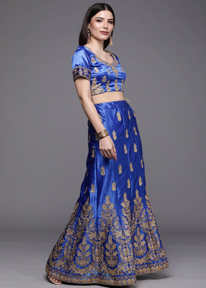Royal Blue And Pink Semi Stitched Silk Lehenga Set With Blouse Piece And Dupatta - Indian Silk House Agencies