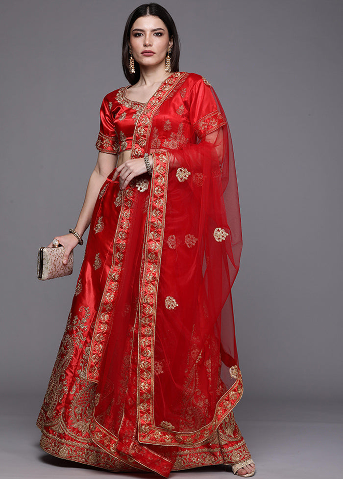 Red Semi Stitched Silk Lehenga Set With Blouse Piece And Dupatta - Indian Silk House Agencies