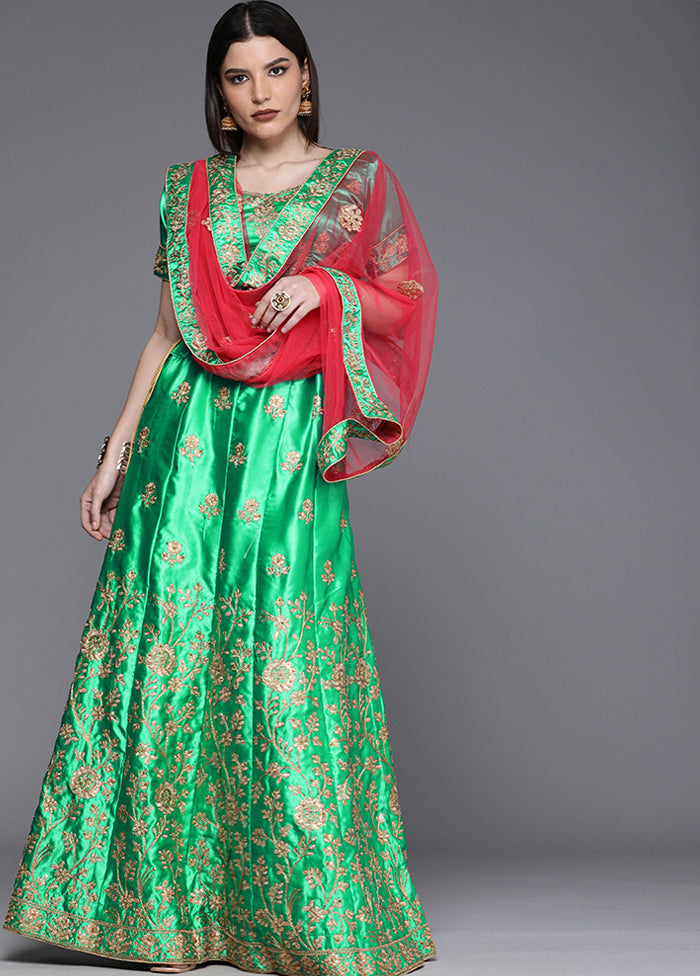 Green And Red Semi Stitched Silk Lehenga Set With Blouse Piece And Dupatta - Indian Silk House Agencies