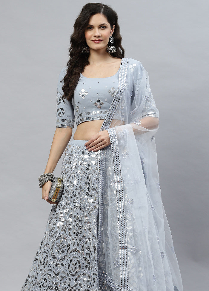 Powder Blue Semi Stitched Georgette Lehenga Set With Blouse Piece And Dupatta - Indian Silk House Agencies