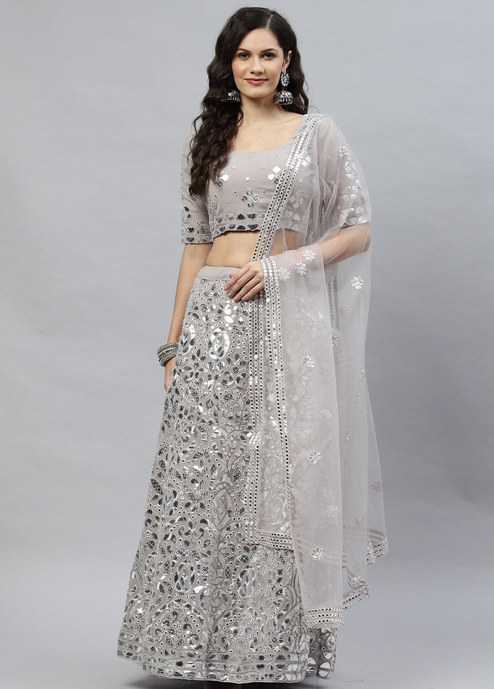 Grey Semi Stitched Georgette Lehenga Set With Blouse Piece And Dupatta - Indian Silk House Agencies