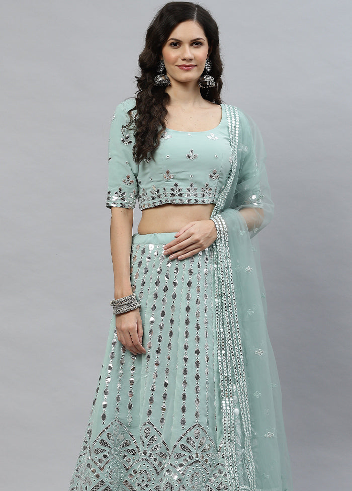 Pista Green Semi Stitched Georgette Lehenga Set With Blouse Piece And Dupatta - Indian Silk House Agencies