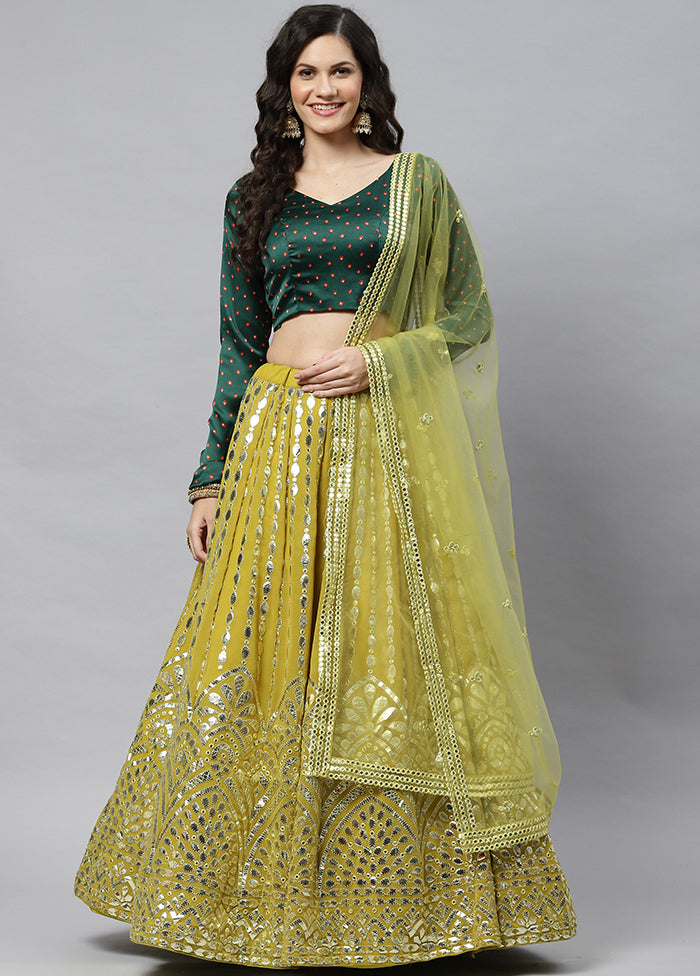 Olive Green Semi Stitched Georgette Lehenga Set With Blouse Piece And Dupatta - Indian Silk House Agencies