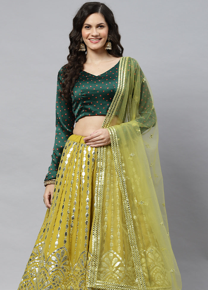 Olive Green Semi Stitched Georgette Lehenga Set With Blouse Piece And Dupatta - Indian Silk House Agencies