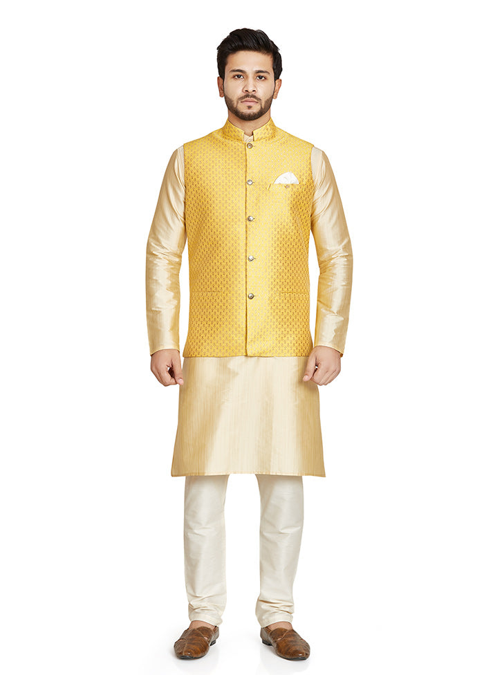 Yellow Printed Silk Ethnic Jacket VDAC69255 - Indian Silk House Agencies
