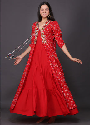Red Readymade Cotton With Jacket Indian Dress