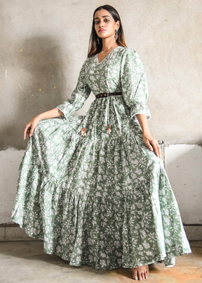 Green Readymade Cotton Indian Dress