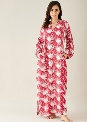 Red Tropical Printed Linen Lounge Dress VDKC239251 - Indian Silk House Agencies