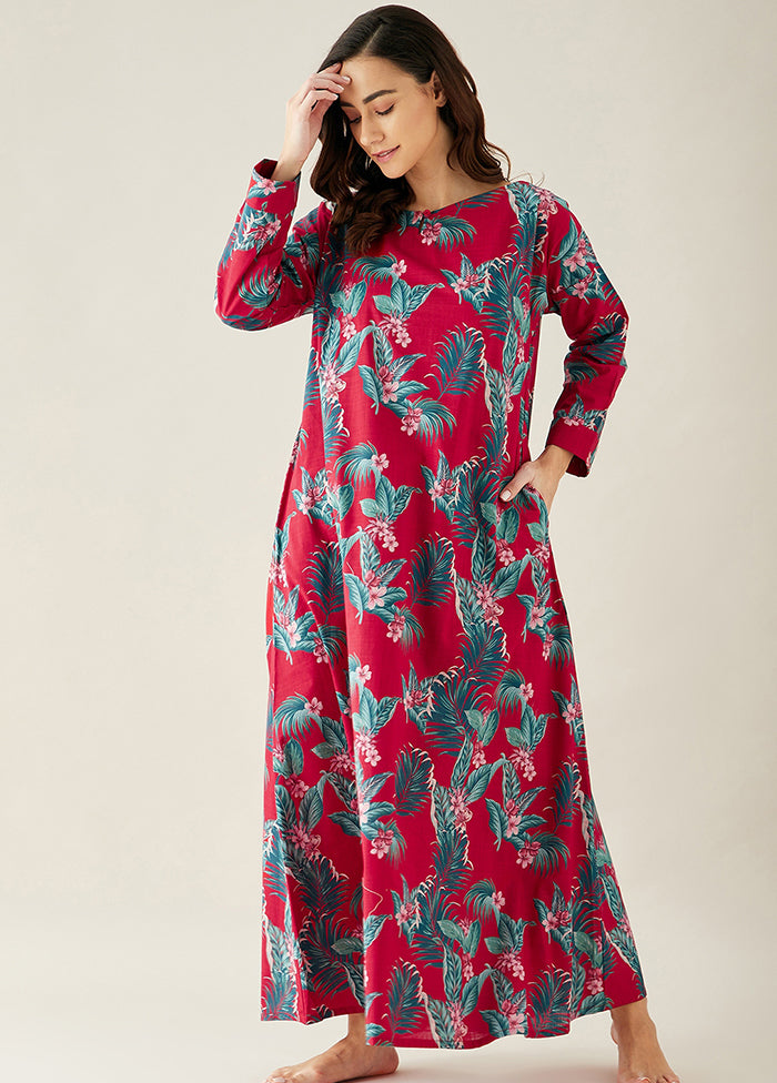 Red Tropical Printed Linen Lounge Dress VDKC239253 - Indian Silk House Agencies