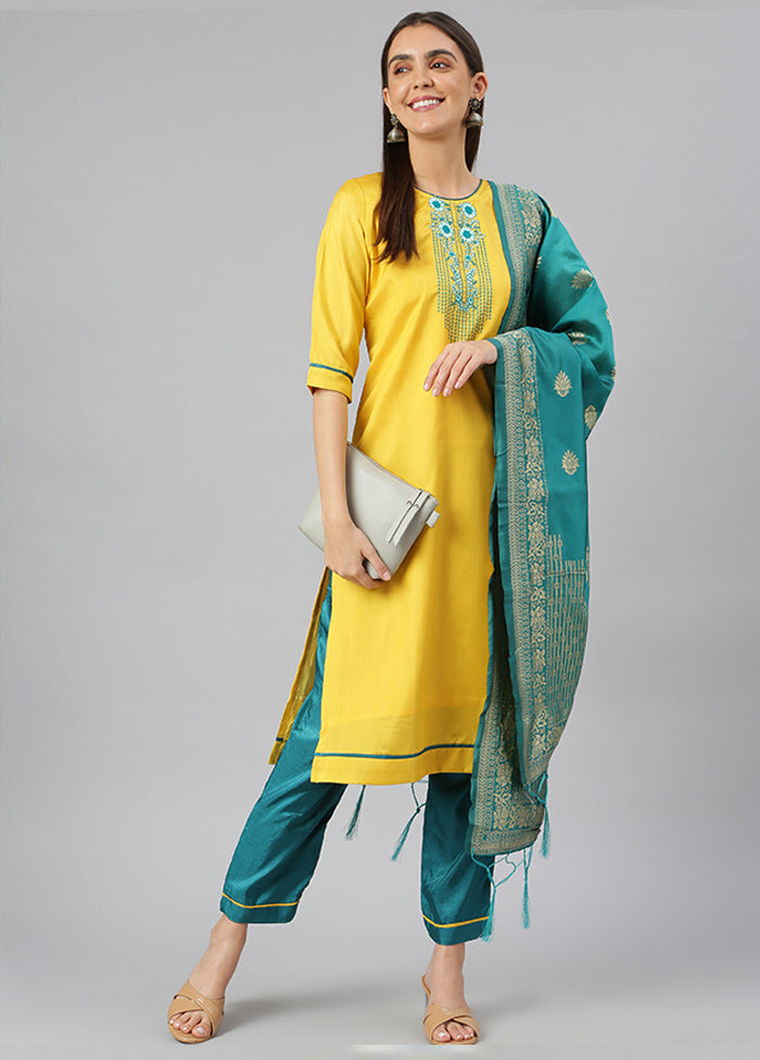 Yellow 3 Pc Silk Suit Set With Dupatta VDLL002270737 - Indian Silk House Agencies