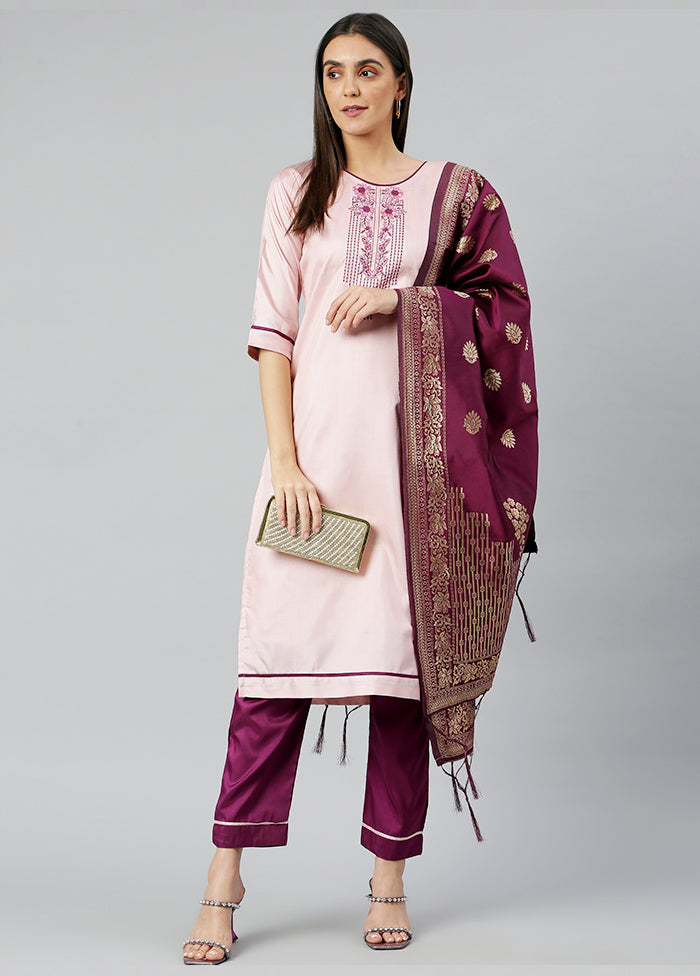 Baby Pink 3 Pc Silk Suit Set With Dupatta VDLL002270739 - Indian Silk House Agencies