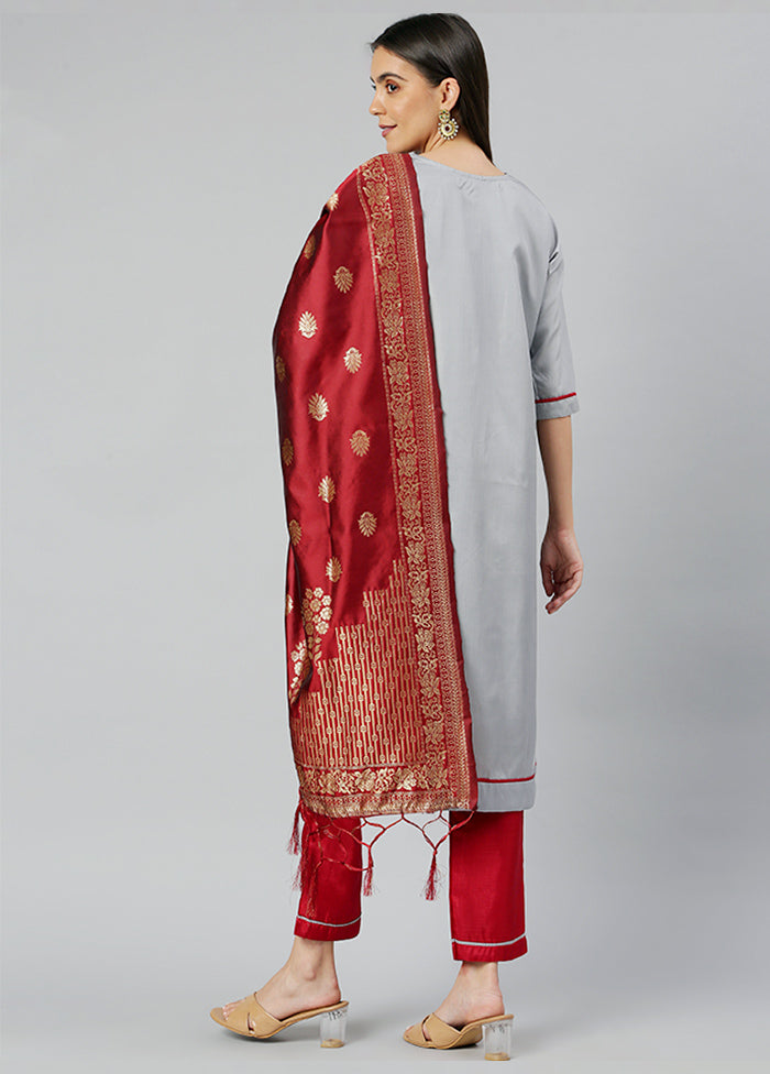 Grey 3 Pc Silk Suit Set With Dupatta VDLL002270740 - Indian Silk House Agencies