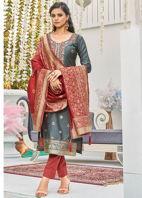 3 Pc Dark Grey Unstitched Silk Suit Set With Dupatta VDLL002270761 - Indian Silk House Agencies