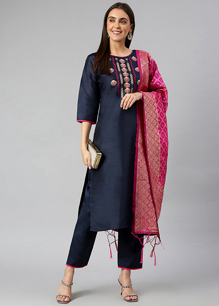 Navy Blue 3 Pc Silk Suit Set With Dupatta VDLL002270741 - Indian Silk House Agencies