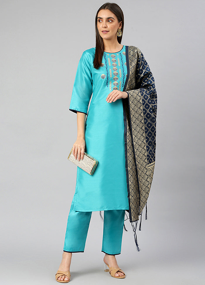Sky Blue 3 Pc Silk Suit Set With Dupatta VDLL002270742 - Indian Silk House Agencies