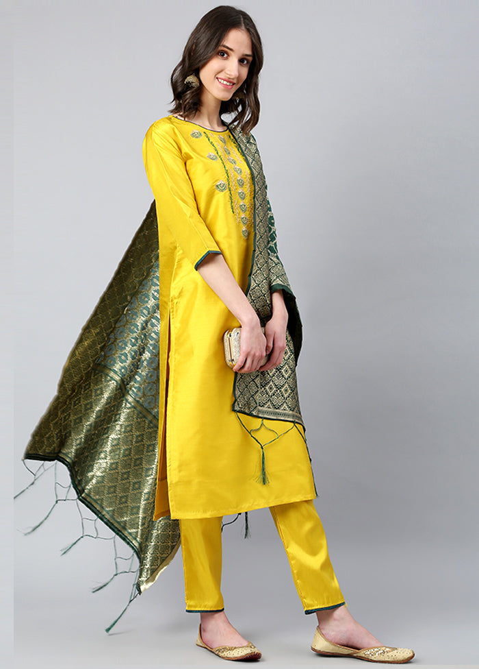 Yellow 3 Pc Silk Suit Set With Dupatta VDLL002270743 - Indian Silk House Agencies