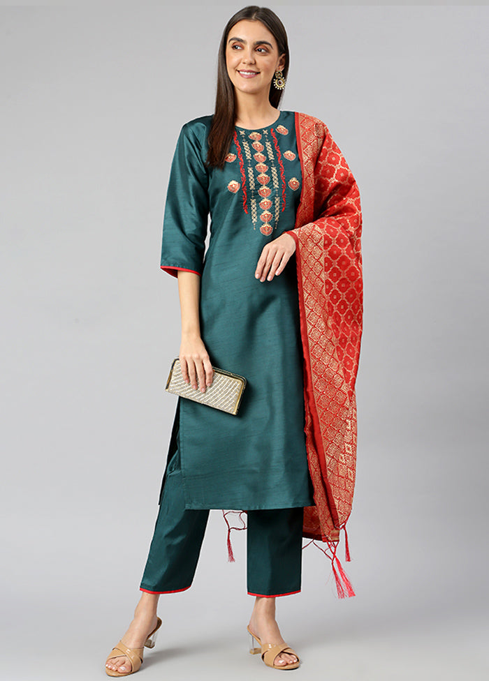 Green 3 Pc Silk Suit Set With Dupatta VDLL002270744 - Indian Silk House Agencies