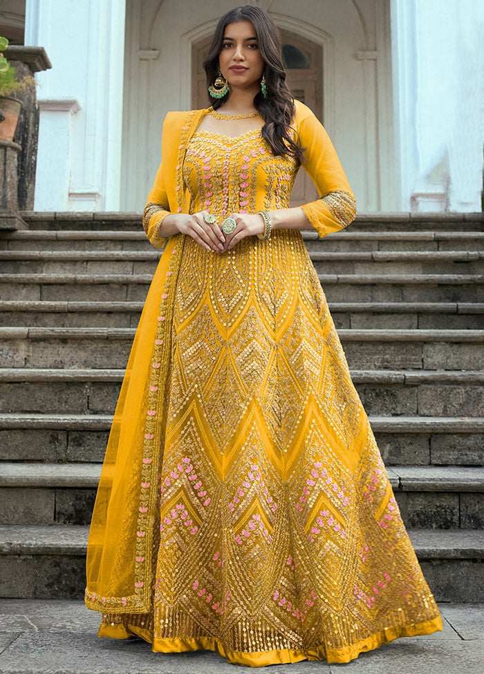 3 Pc Yellow Net Suit Set With Dupatta VDLL0404235 - Indian Silk House Agencies