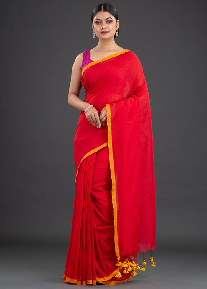 Red Pure Cotton Solid Saree With Blouse - Indian Silk House Agencies