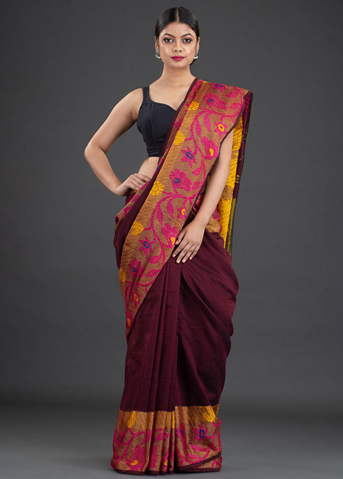Wine Pure Cotton Floral Saree With Blouse - Indian Silk House Agencies