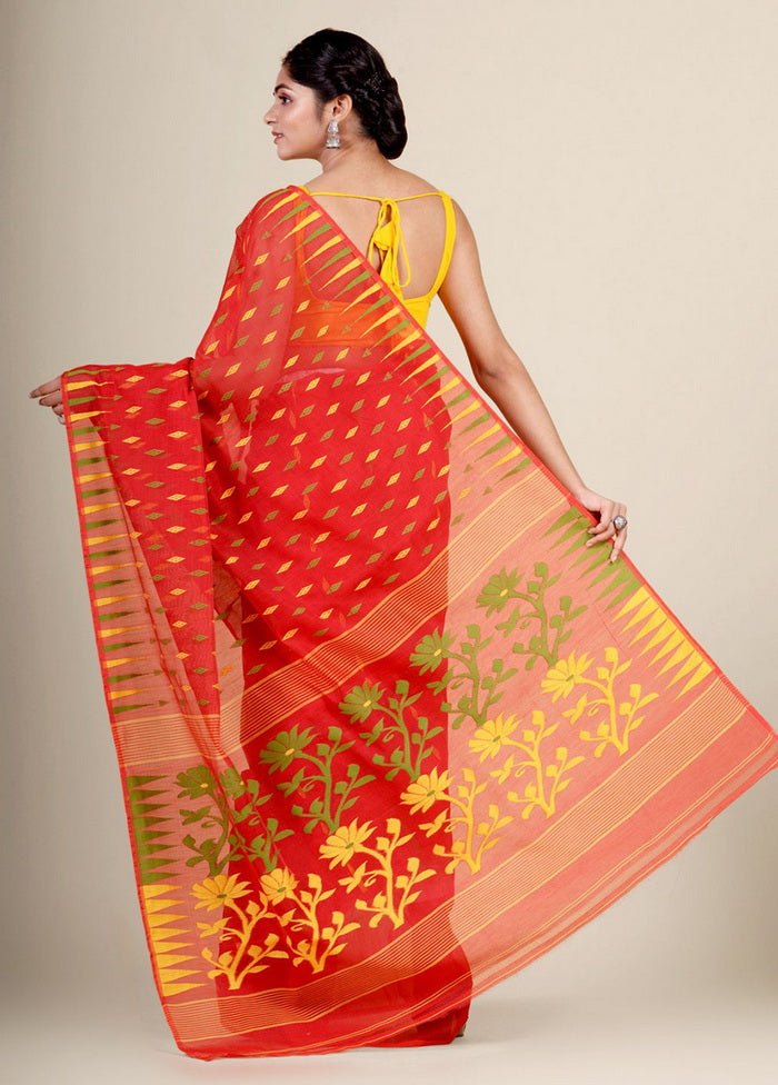 Red Cotton Handwoven Jamdani Saree Without Blouse Piece - Indian Silk House Agencies