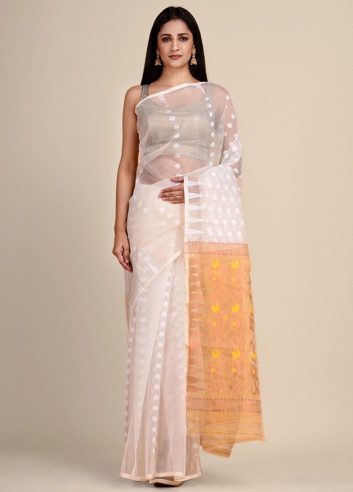 White Silk Handloom Jamadani Saree Without Blouse - Indian Silk House Agencies