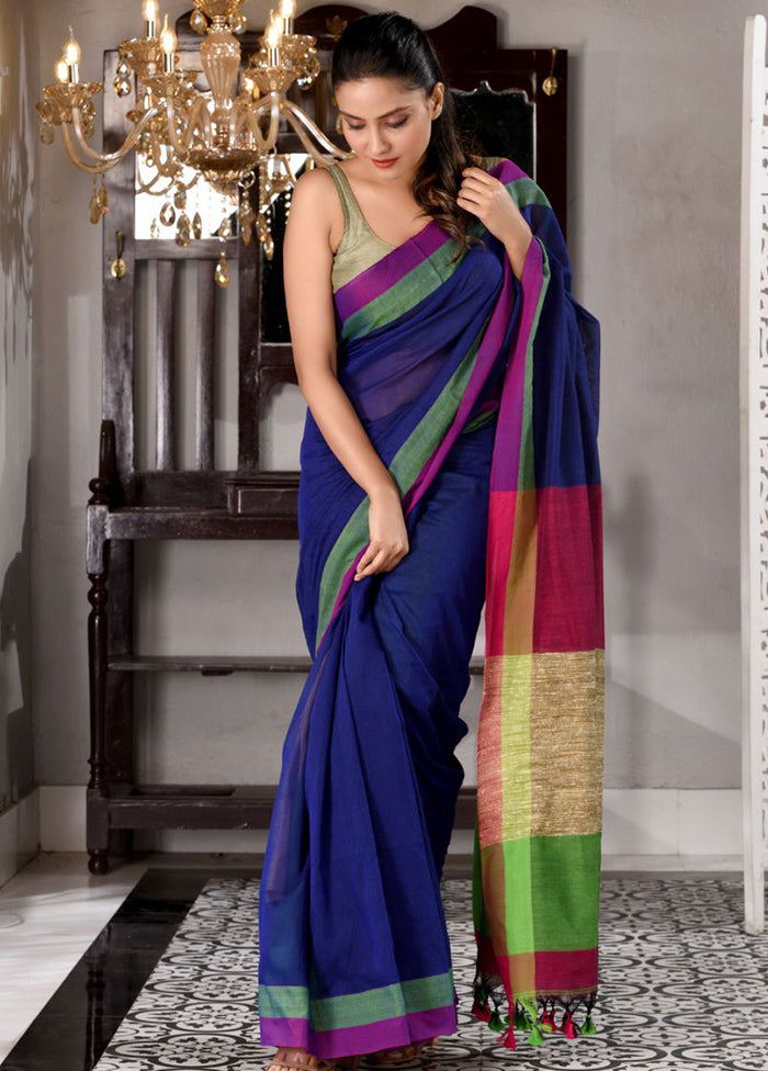 Navy Blue Pure Cotton Embellished Saree With Blouse - Indian Silk House Agencies
