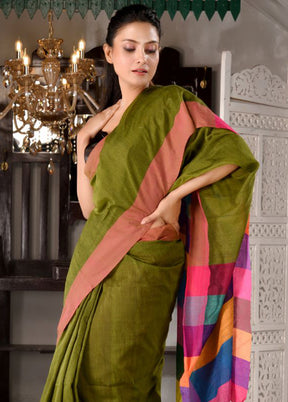 Sap Green Pure Cotton Textured Saree With Blouse - Indian Silk House Agencies