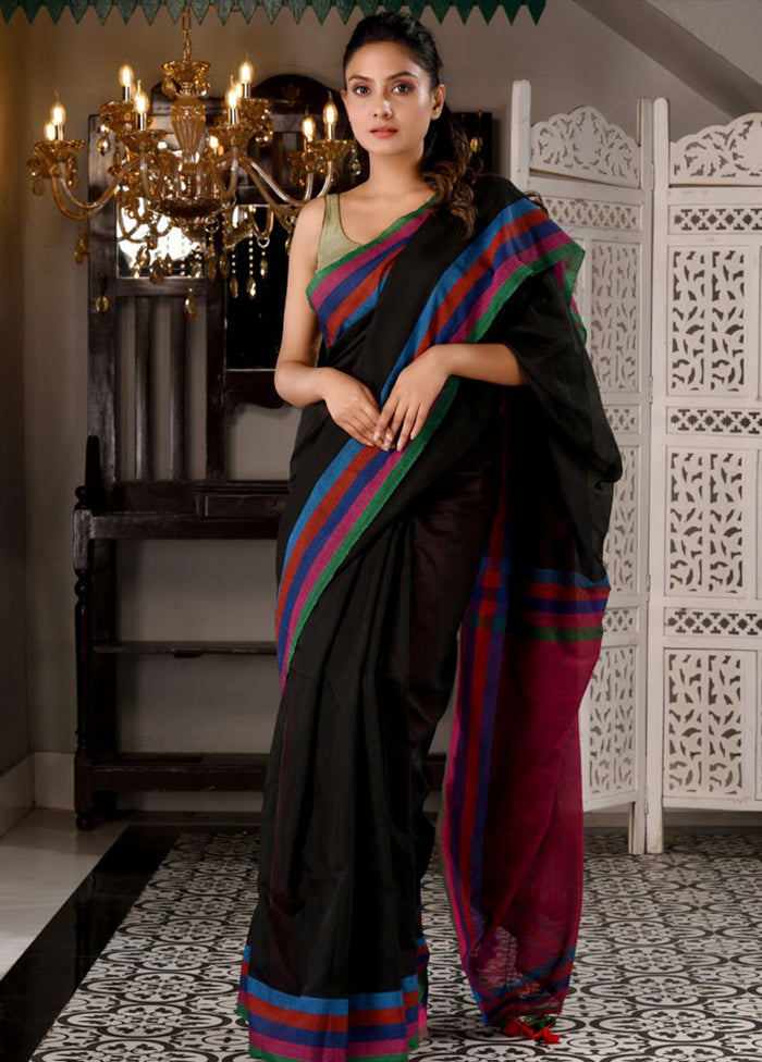 Black Pure Cotton Textured Saree With Blouse - Indian Silk House Agencies