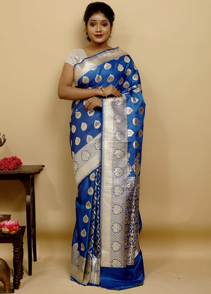 Blue Zari Woven Pure Silk Banarasi Saree With Blouse Piece - Indian Silk House Agencies