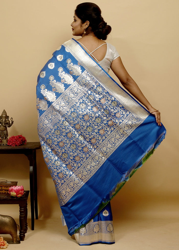 Blue Zari Woven Pure Silk Banarasi Saree With Blouse Piece - Indian Silk House Agencies