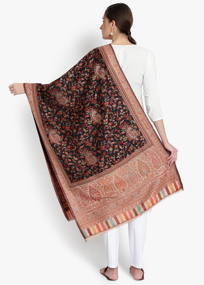Black Floral Paisely Pattern Woolen Stole - Indian Silk House Agencies