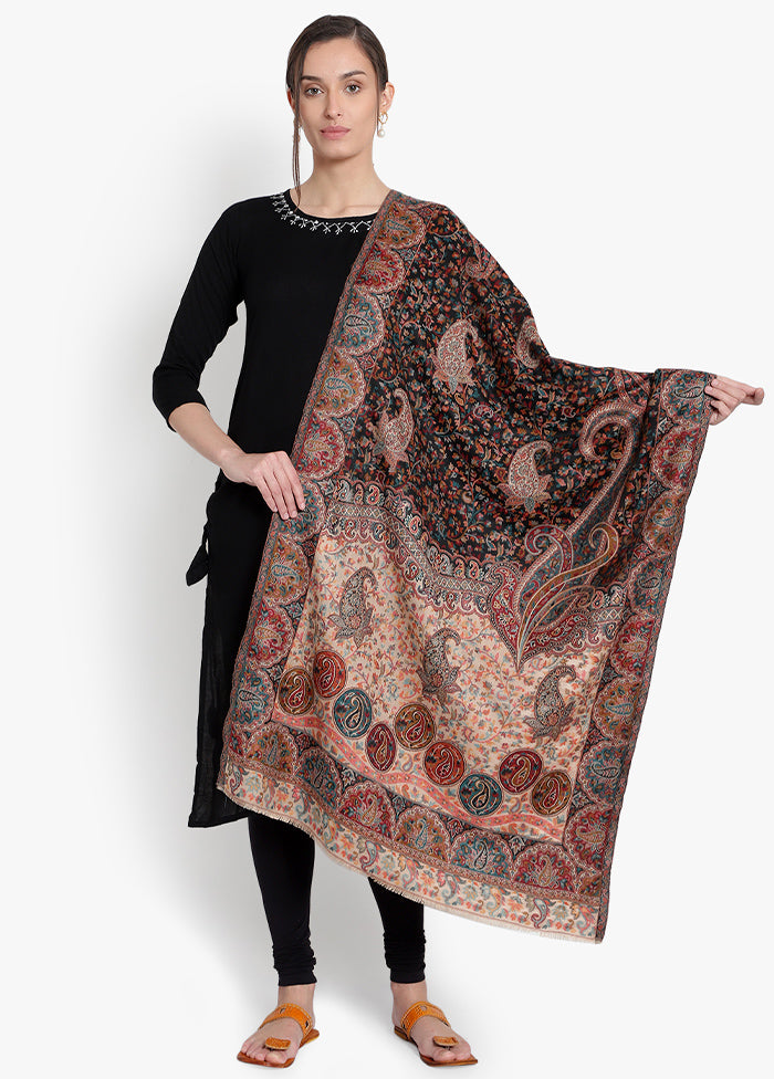 Black Floral Paisely Pattern Woolen Stole - Indian Silk House Agencies