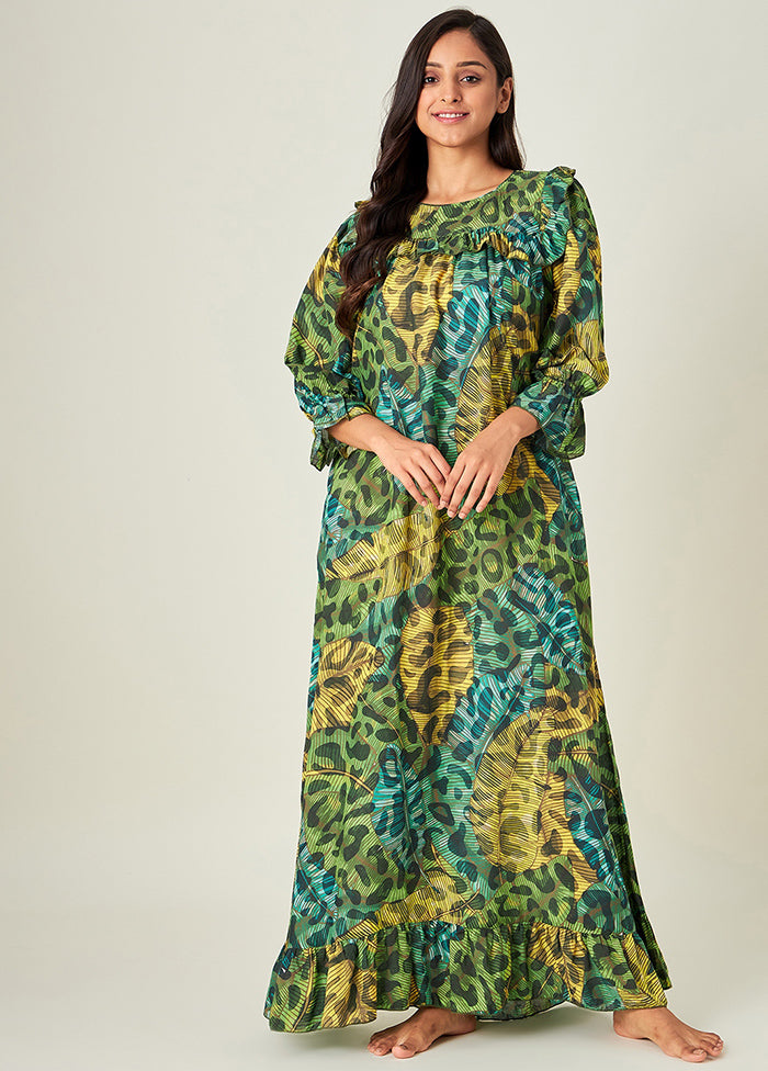 Green Square Neck Long Night Dress VDKC100050846 - Indian Silk House Agencies