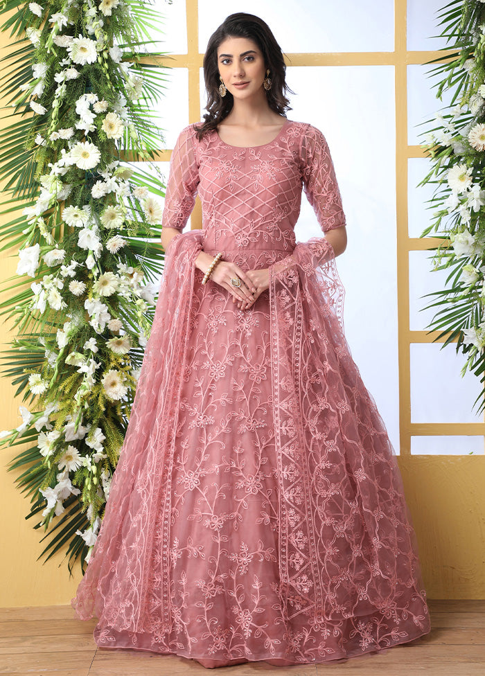 Pink Semi Stitched Net Gown With Dupatta - Indian Silk House Agencies