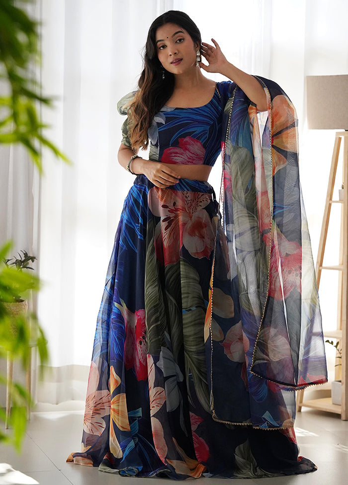 3 Pc Multicolor Silk Semi Stitched Lehenga Set - Indian Silk House Agencies