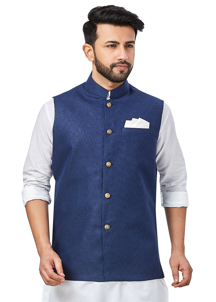 Navy Blue Solid Silk Ethnic Jacket VDAC69260 - Indian Silk House Agencies