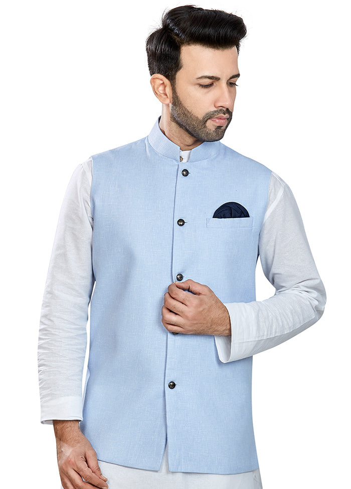 Blue Solid Silk Ethnic Jacket VDAC69271 - Indian Silk House Agencies