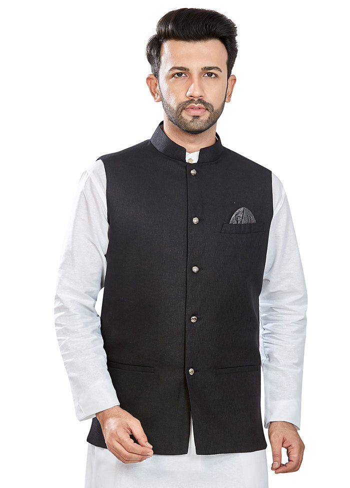 Black Solid Silk Ethnic Jacket VDAC69274 - Indian Silk House Agencies