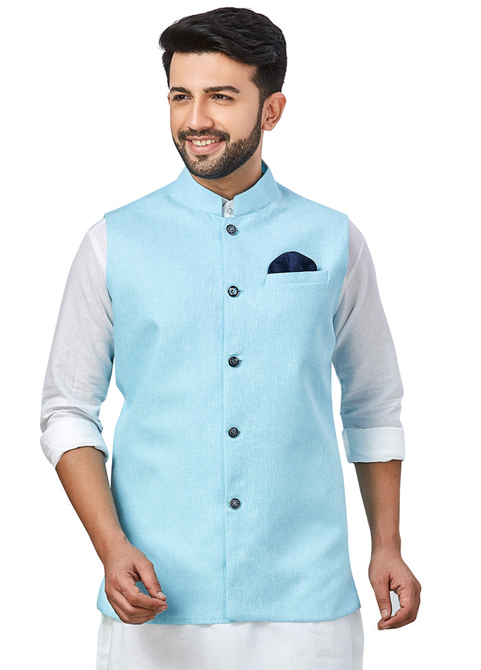 Light Blue Solid Silk Ethnic Jacket VDAC69265 - Indian Silk House Agencies