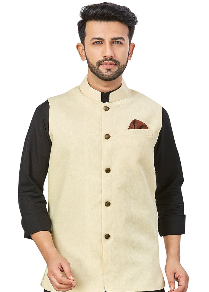 Light Yellow Solid Silk Ethnic Jacket VDAC69267 - Indian Silk House Agencies