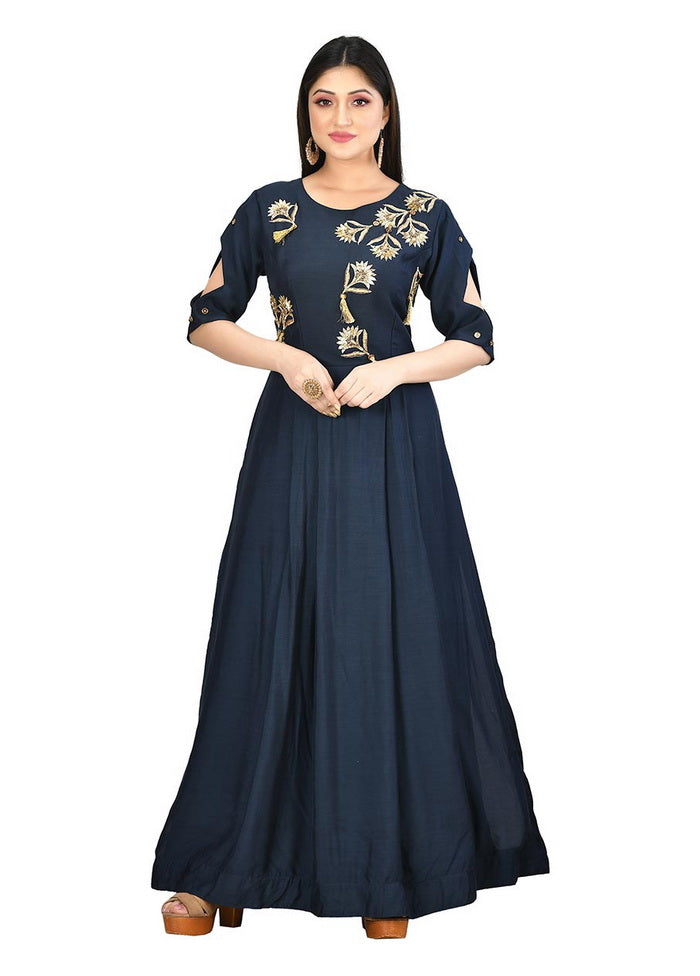 Navy Muslin Silk Solid Women Gown VDVSF00005 - Indian Silk House Agencies