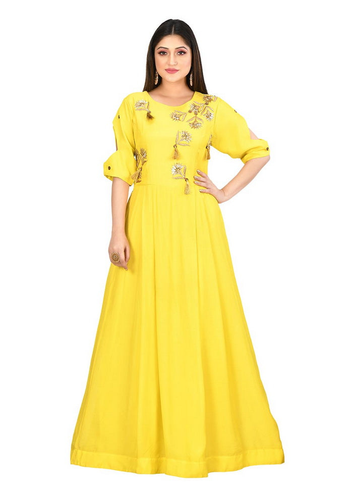 Yellow Muslin Silk Solid Womens Gown VDVSF00004 - Indian Silk House Agencies